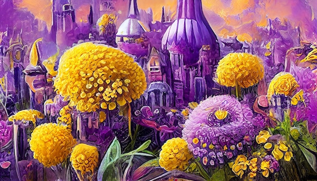 Bajeczne miasto z żółtymi i fioletowymi kwiatami