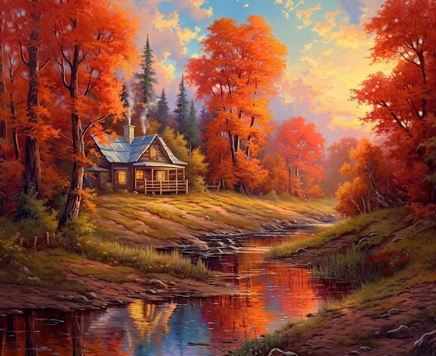 Bajeczny leśny krajobraz w jesiennych kolorach z domem nad rzeką