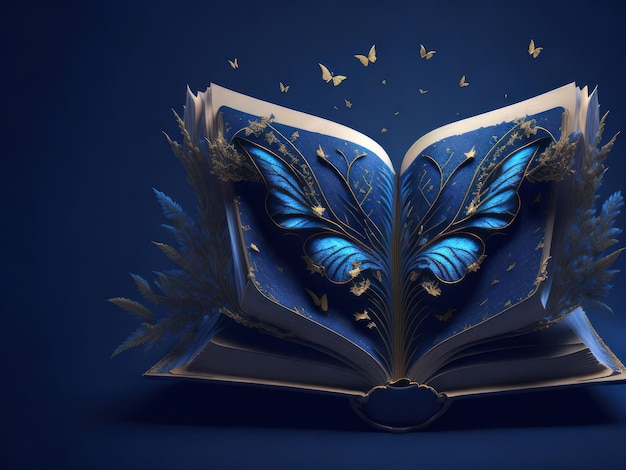 Bajkowa mistyczna otwarta książka z motylami generowanymi przez sztuczną inteligencję