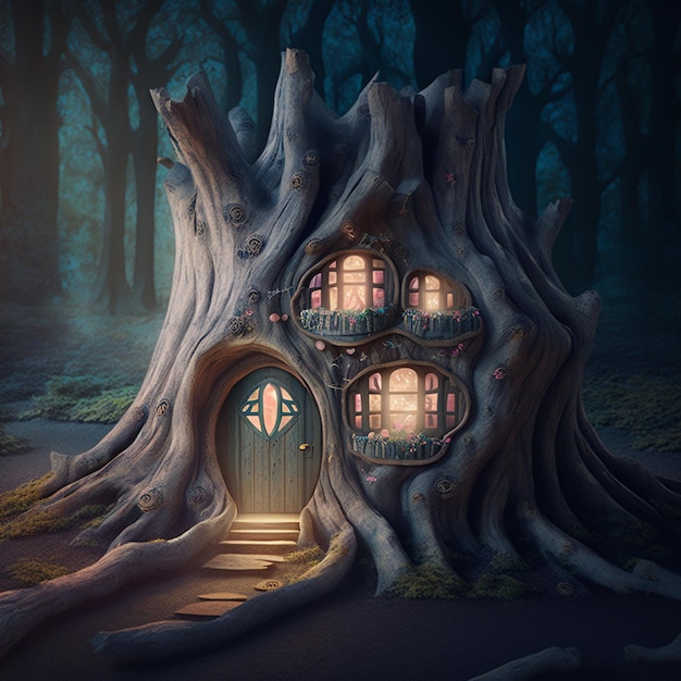 Bajkowe mieszkanie w pniu drzewa to fantastyczny dom w magicznym lesie Generowany przez AI