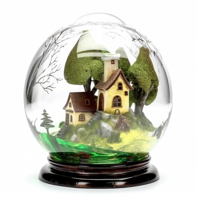 Zdjęcie bajkowy dom i las w szklanej kuli na białym tle