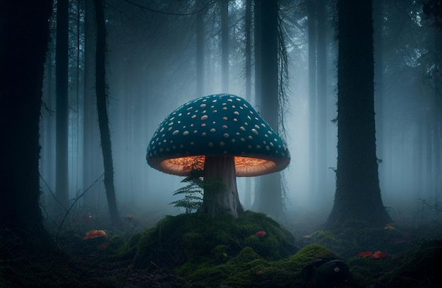 Bajkowy grzyb jako dom w upiornym lesie Ilustracja generatywna AI