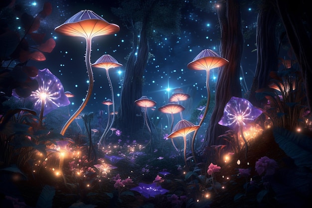 Bajkowy las w nocy fantasy świecące kwiaty i światła generatywne