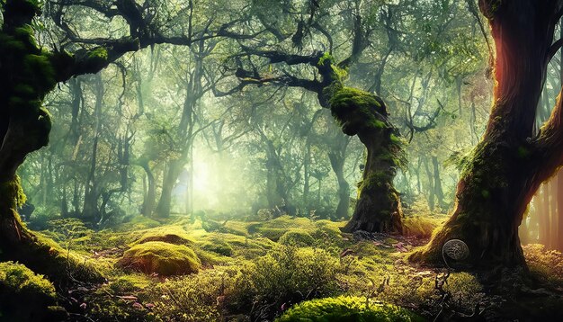Bajkowy las z magicznymi promieniami światła przechodzącymi przez drzewa Fantasy leśny krajobraz