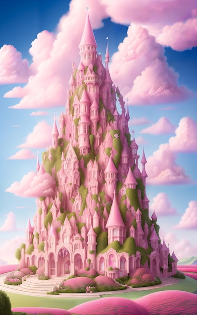 Bajkowy różowy zamek w chmurach
