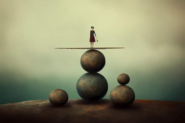 Balancing Act Kapryśny obraz przedstawiający osobę balansującą na szczycie obiektu ucieleśniającego stabilność równowagi i skupienie w życiu Generatywna ai