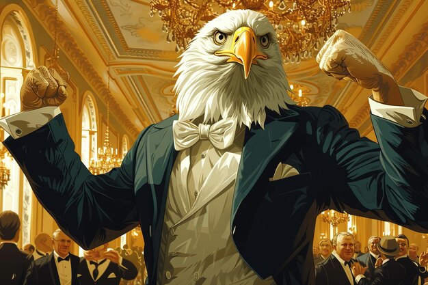 Zdjęcie bald eagle animals presidential ballroom dance extravaganza ozdobiony eleganckim strojem angażuje się w formalny taniec świętujący ze stylem i wdziękiem kreskówki.