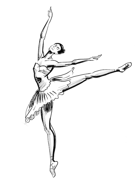 Balerina jest pokazana w czerni i bieli.