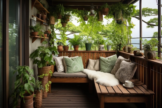 Zdjęcie balkon w stylu japandi z garnkami bujnej zieleni i ciemnymi drewnianymi meblami z drugiej ręki