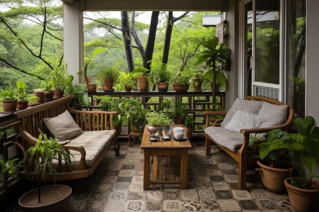 Balkon w stylu Japandi z garnkami bujnej zieleni i ciemnymi drewnianymi meblami z drugiej ręki
