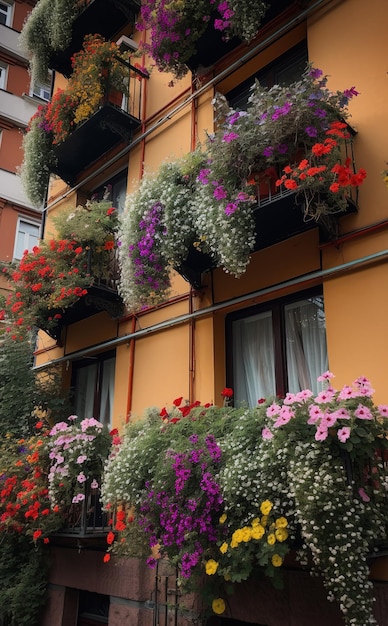 Balkon z kwiatami na balkonach budynku