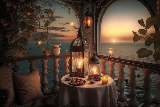 Balkon z pięknym widokiem w romantyczny wieczór przy świecach i lampionach