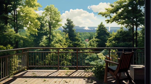 Balkon z widokiem na las świerkowy słoneczny dzień Generatywna sztuczna inteligencja