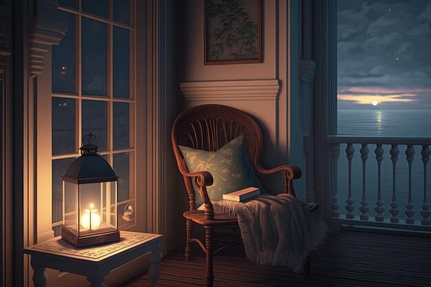 Balkon z wygodnym fotelem i lampką pozwala cieszyć się wieczorem w towarzystwie dobrej książki