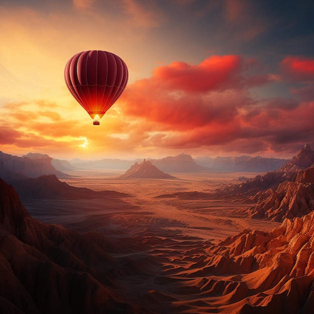 Balon na gorące powietrze lata nad górskim krajobrazem.