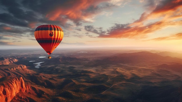 balon na gorące powietrze latający nad oceanem o zachodzie słońca.