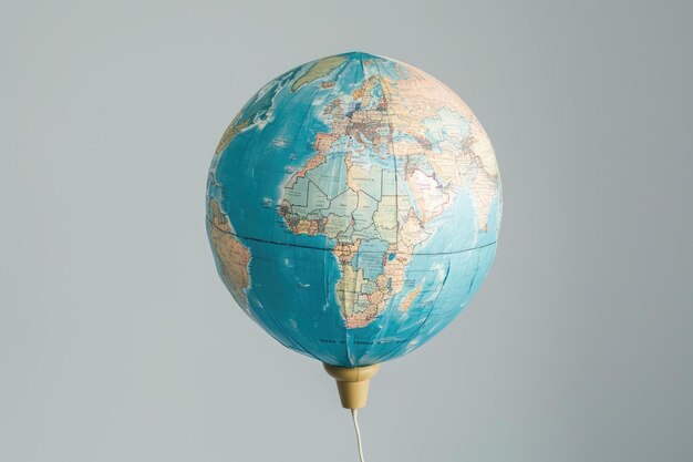 Balon na gorące powietrze ozdobiony mapą świata pływa wdzięcznie na tle nieba przedstawia globalną inflację z w pełni nadmuchaną globą światową generowaną przez sztuczną inteligencję