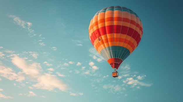 Balon na gorącym powietrzu wznosi się w niebieskim niebie