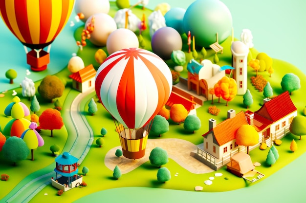 Balon na ogrzane powietrze lecący nad bujnym zielonym zboczem obok małego miasteczka Generative AI
