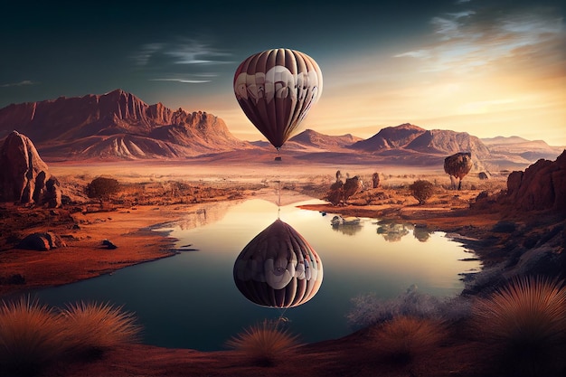 Balon na ogrzane powietrze lecący nad generatywnym krajobrazem górskim AI