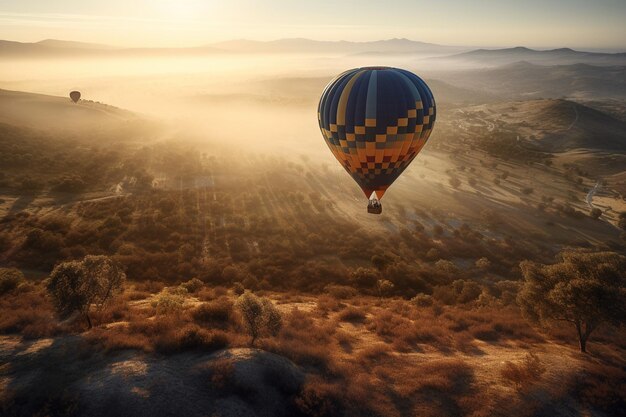 Balon na ogrzane powietrze lecący nad górami