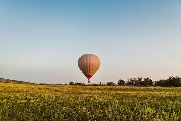 Balon na ogrzane powietrze w czystym błękitnym niebie nisko nad zieloną polaną