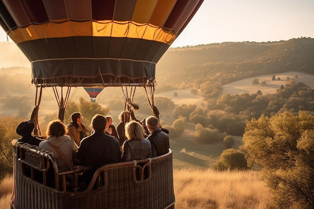 Balon na ogrzane powietrze z grupą ludzi lecących w nim