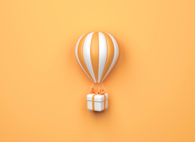 Balon na ogrzane powietrze z pudełko na pomarańczowym tle. Minimalistyczny styl. renderowanie 3d