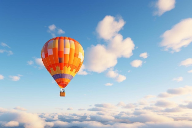 balon na ogrzane powietrze z żółtym paskiem i błękitne niebo z chmurami.