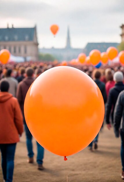 balon o kolorze pomarańczowym z budynkiem na tle