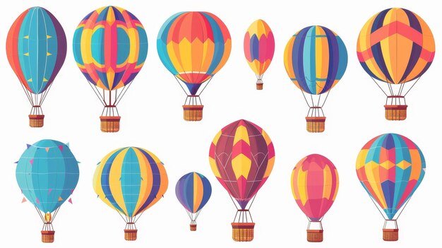 Balon Powietrzny Z Koszem W Locie Latające Balony Powietrzne Podróżują Transport Gorącego Powietrza Pływający Aerostaty Dla Przygody W Niebie Płaska Nowoczesna Ilustracja Izolowana Na Białym