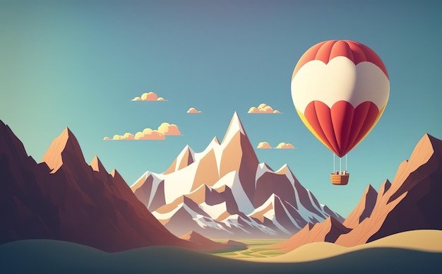 balon unoszący się po niebie z górami w tle
