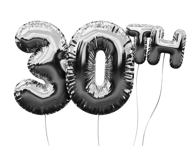 Zdjęcie balon urodzinowy srebrny numer 30 na białym tle na złotym tle uroczystości 3d rendering