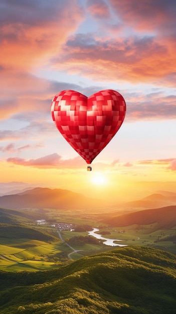 balon w kształcie serca lata nad pięknym krajobrazem.