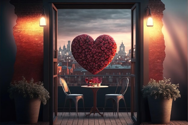 Balon w kształcie serca stoi na balkonie z pejzażem miejskim w tle.