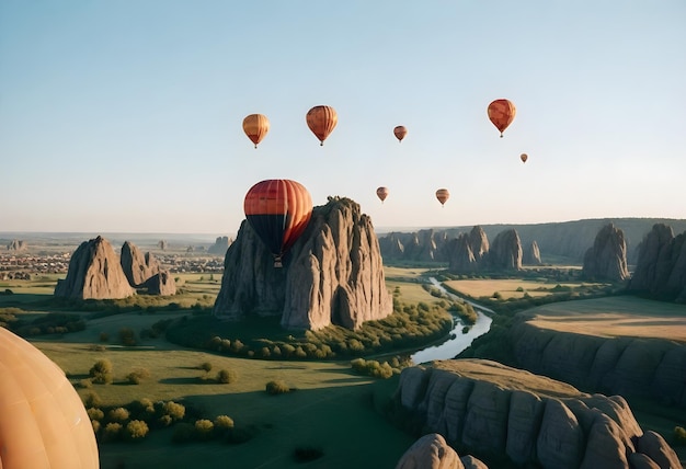 balon z gorącym powietrzem latający nad rzeką z rzeką na tle