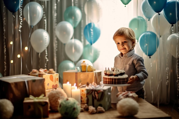 Balonowy chłopiec dzieciństwo śliczne małe niebieskie dzieci przyjęcie urodzinowe Generatywna AI