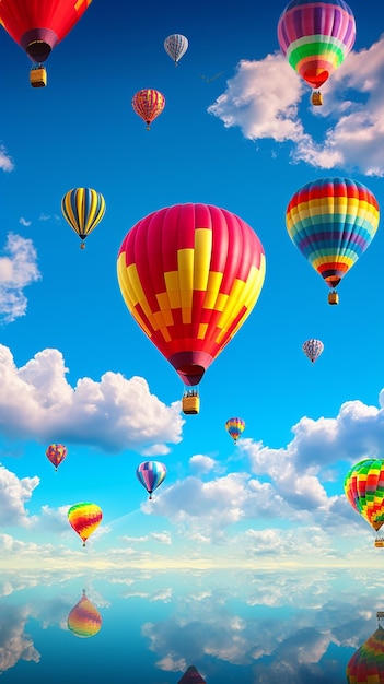 Balony na ogrzane powietrze latające wysoko na niebie o zachodzie słońca, renderowanie 3D