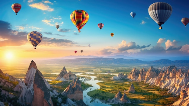 balony na ogrzane powietrze na niebie nad doliną z górami w tle.