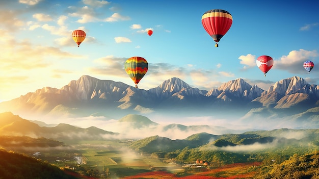 Balony na ogrzane powietrze nad górami Kolorowe balony na ogrzane powietrze latające nad panoramą gór