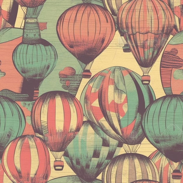 Balony na ogrzane powietrze z bezszwowym wzorem w stylu vintage, stworzone za pomocą generatywnej sztucznej inteligencji