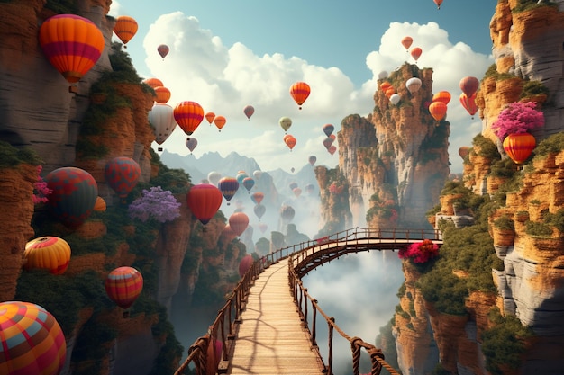 Balony tworzące fantazyjny most pomiędzy górami 00499 00