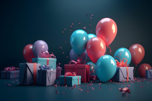 balony urodzinowe i prezenty na ciemnoniebieskim tle