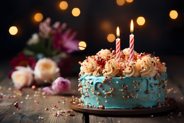 balony urodzinowe kolorowe balony tło i tort urodzinowy ze świeczkami