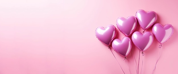 Balony wypełnione helem w kształcie serca na różowym tle