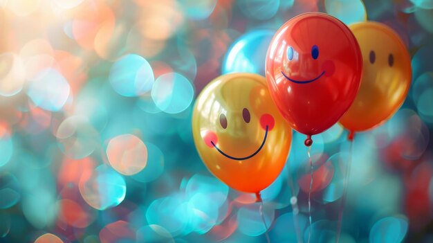 Zdjęcie balony z uśmiechniętymi twarzami na tle z żywym bokehem