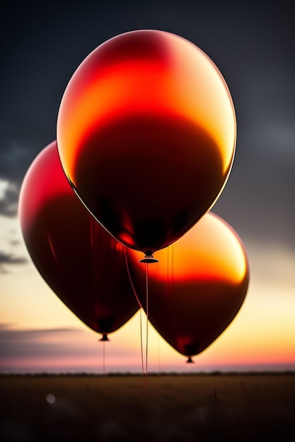 Zdjęcie balony z zachodzącym za nimi słońcem.