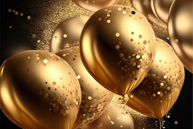 Balony ze złotej folii na złotym tle konfetti i błyszcząca serpentyna na świąteczny panel noworoczny