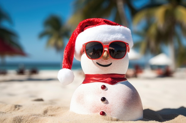 bałwan w czerwonych okularach przeciwsłonecznych i kapeluszu Mikołaja na tropikalnej plaży szczęśliwy piaszczysty bałwan w okularach przeciwsłonecznych i kapeluszu Świętego Mikołaja w słoneczne Boże Narodzenie po południu Wygenerowano AI