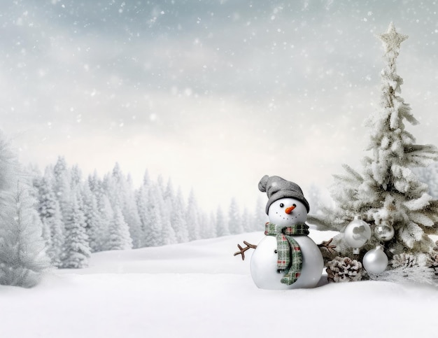Bałwan w zimowej scenie świątecznej z sosnami śnieżnymi i ciepłym światłem Wesołych Świąt w tle